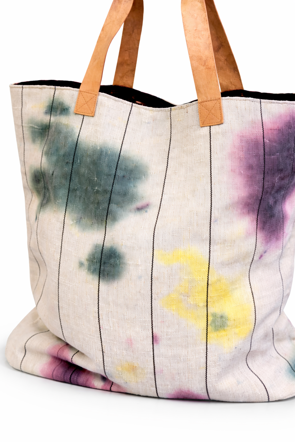Tote Bag in Cotone Tie-Dye con Manici in Pelle Naturale