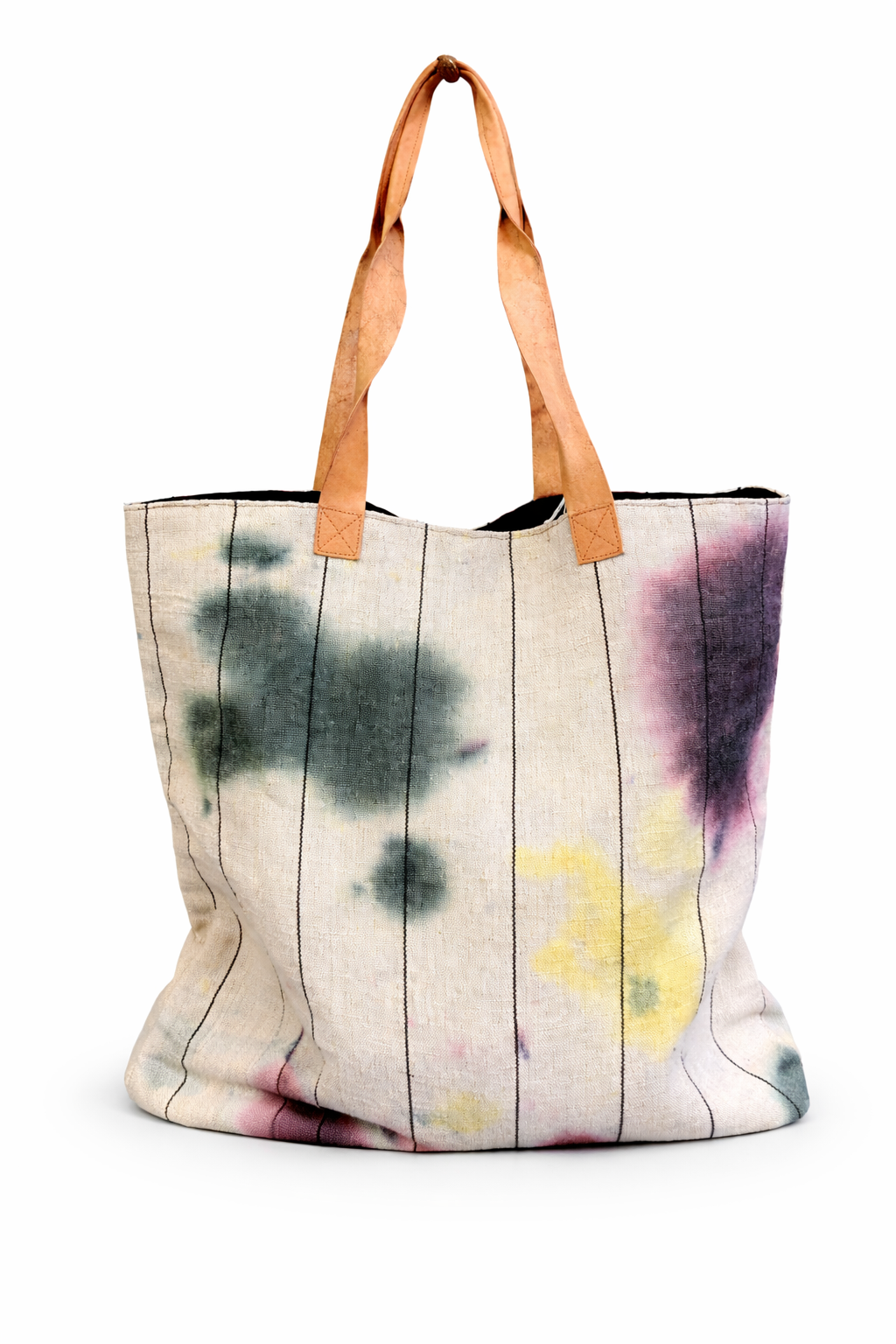 Tote Bag in Cotone Tie-Dye con Manici in Pelle Naturale
