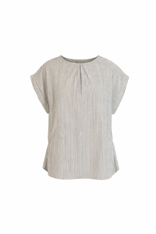 Blusa in Cotone a Righe Azzurro Sbiadito e Bianco con Drappeggio sul Retro
