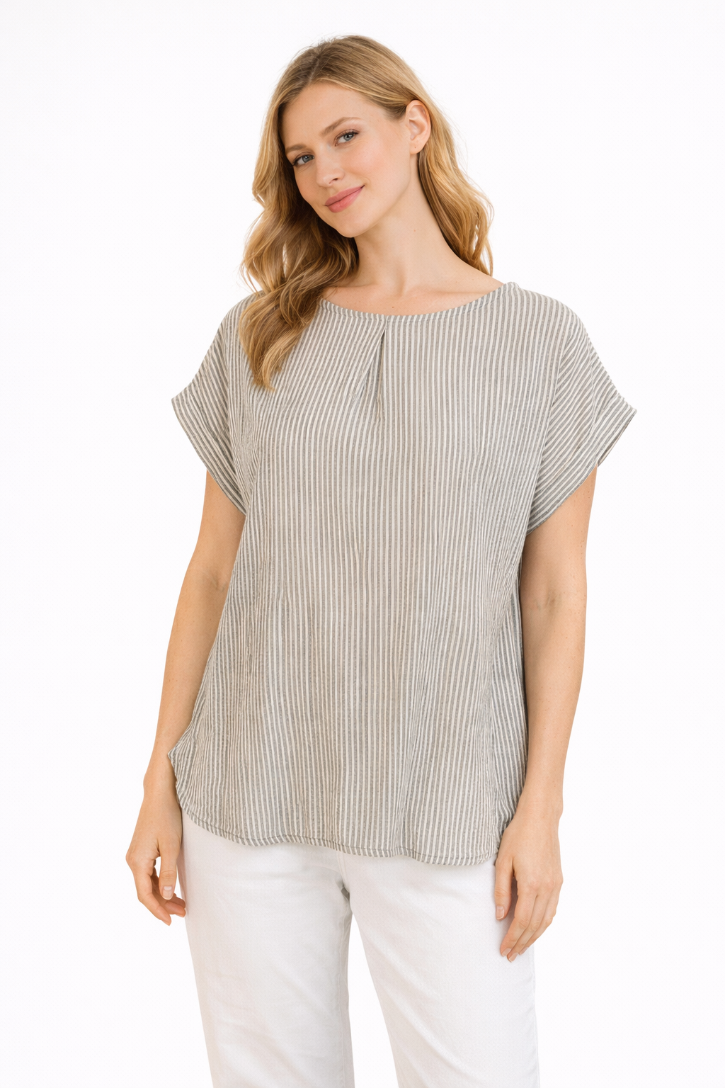 Blusa in Cotone a Righe Azzurro Sbiadito e Bianco con Drappeggio sul Retro