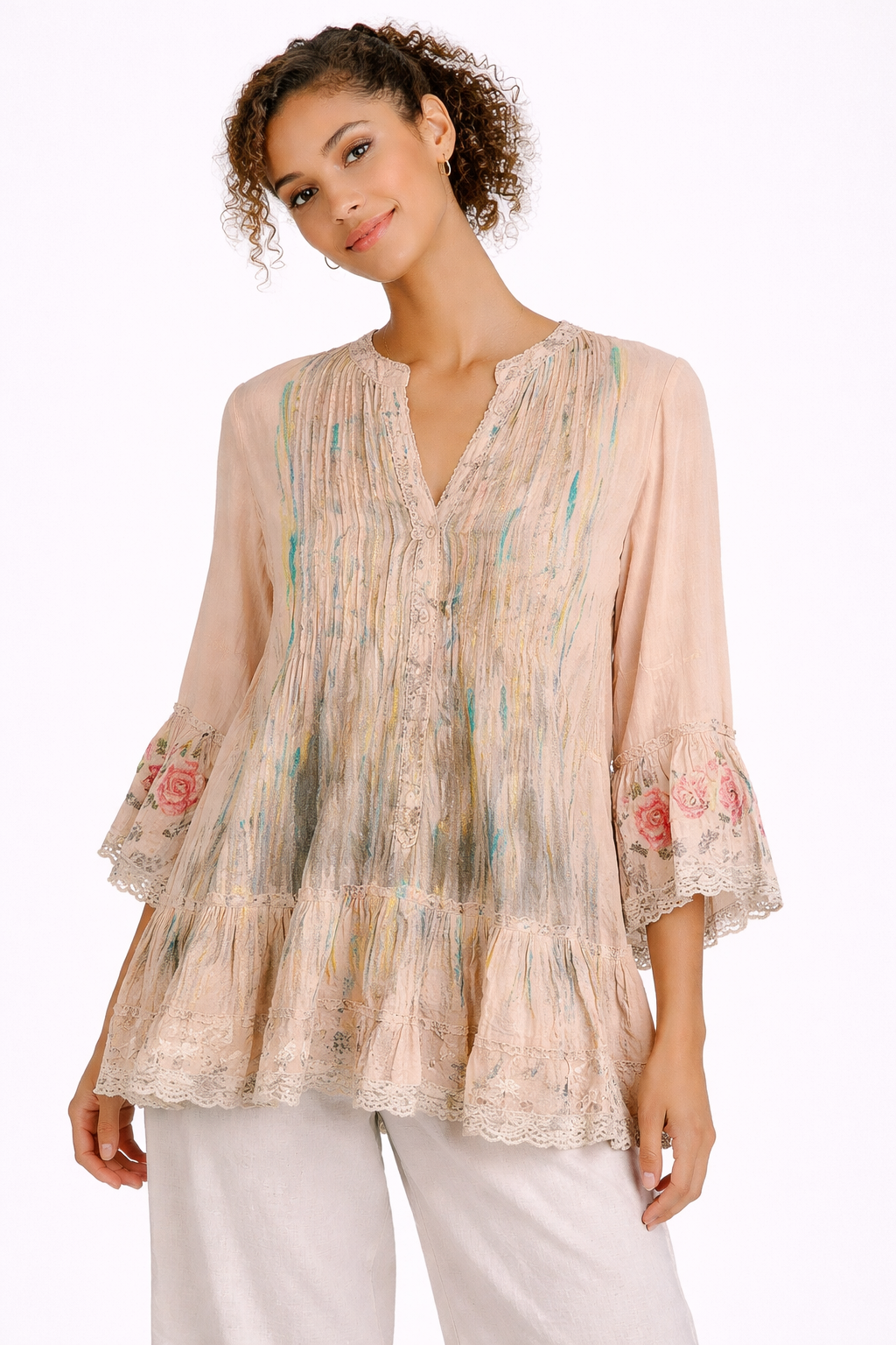 Blusa in Cotone con Pittura a Mano, Ricami Floreali e Pizzo