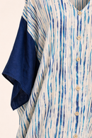 Kaftan in Cotone Bianco con Stampa Acquerello e Maniche Blu Notte