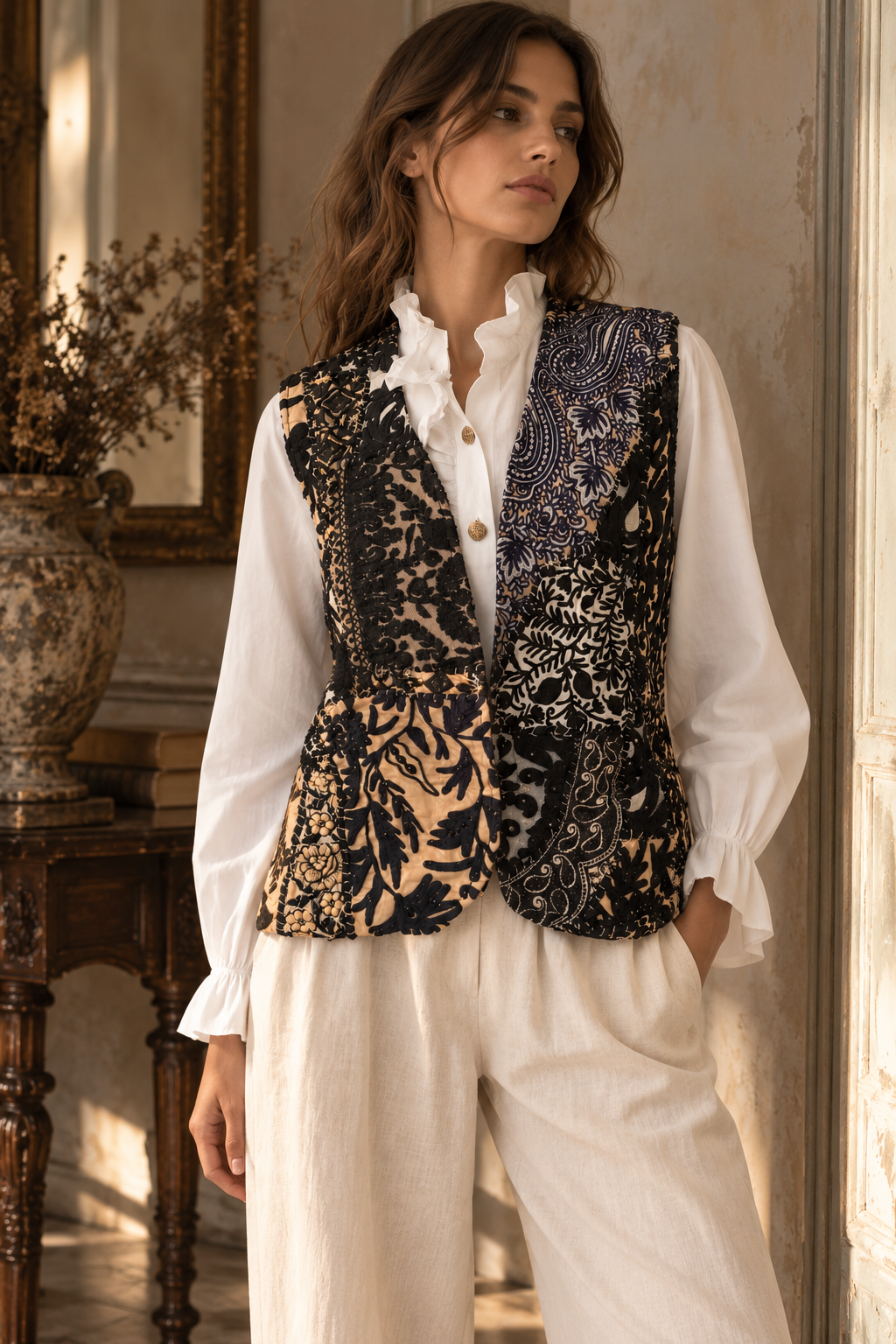 Gilet in seta e cotone con applicazioni