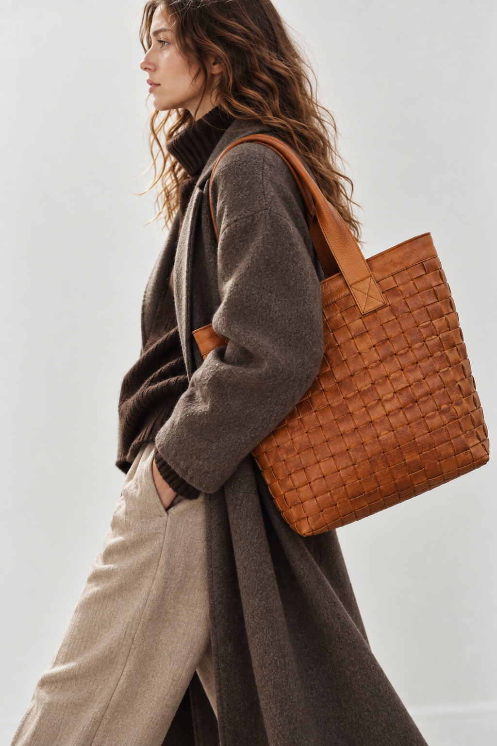 Borsa intrecciata cognac in pelle
