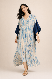 Kaftan in Cotone Bianco con Stampa Acquerello e Maniche Blu Notte