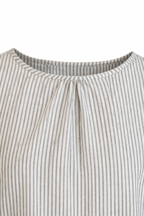 Blusa in Cotone a Righe Azzurro Sbiadito e Bianco con Drappeggio sul Retro
