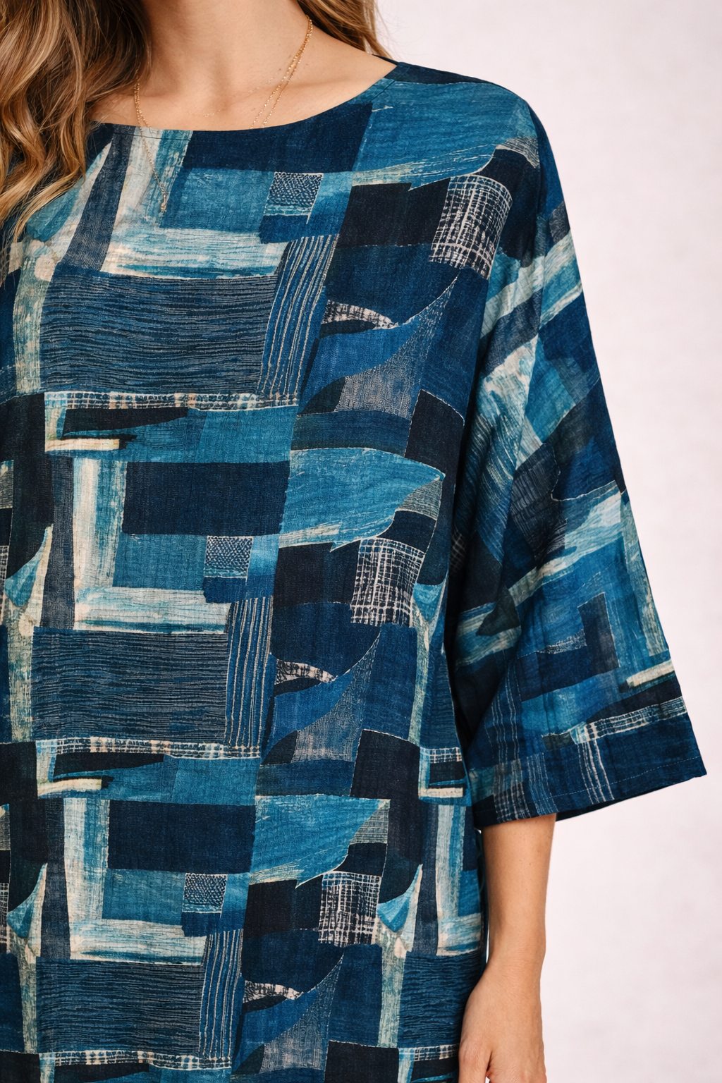 Kaftan in Cotone con Stampa Patch Geometrica