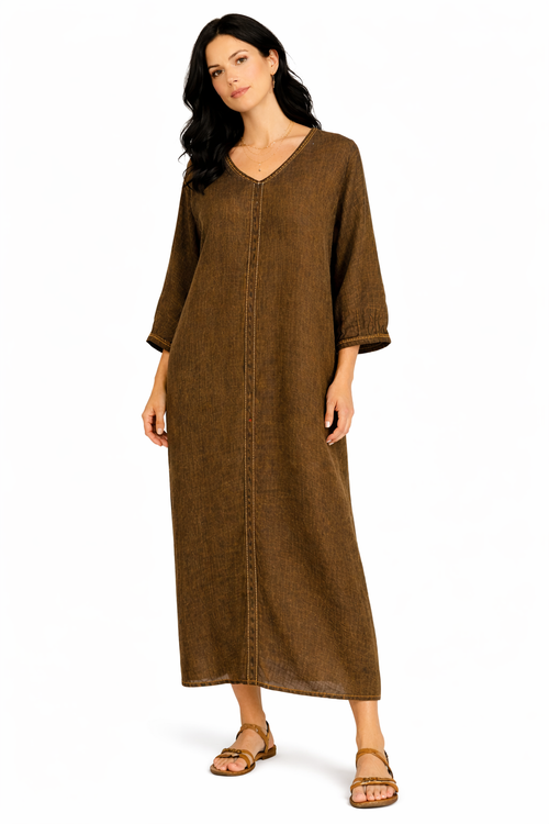 Kaftan in Cotone Verde con Impunture Arancio