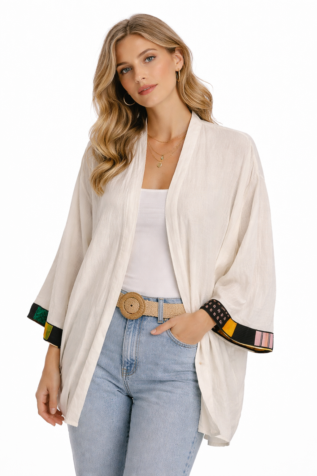 Kimono in Cotone Bianco con Polsini Patchwork in Seta