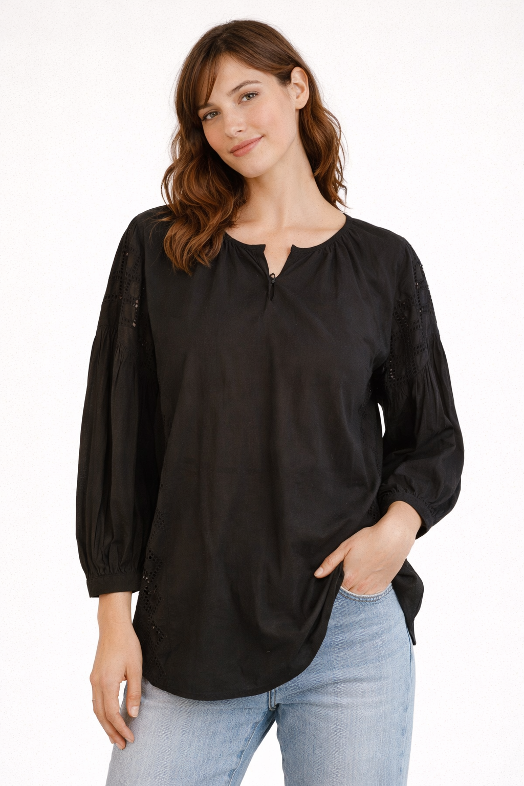 Blusa in Cotone con Inserti Sangallo