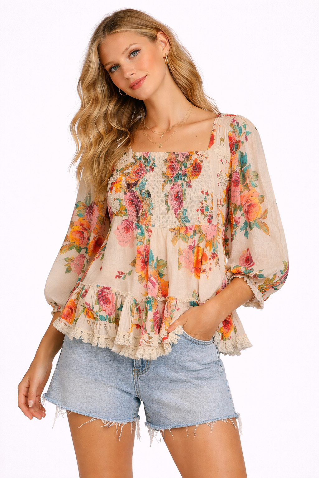 Blusa in Cotone a Fiori con Smock e Frange