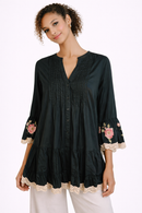 Blusa in Cotone con Pittura a Mano, Ricami Floreali e Pizzo