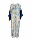 Kaftan in Cotone Bianco con Stampa Acquerello e Maniche Blu Notte