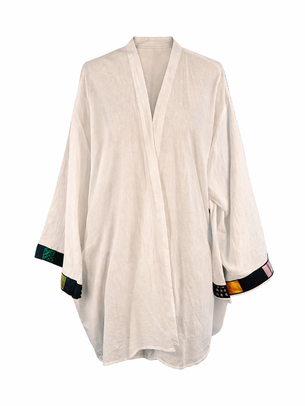 Kimono in Cotone Bianco con Polsini Patchwork in Seta
