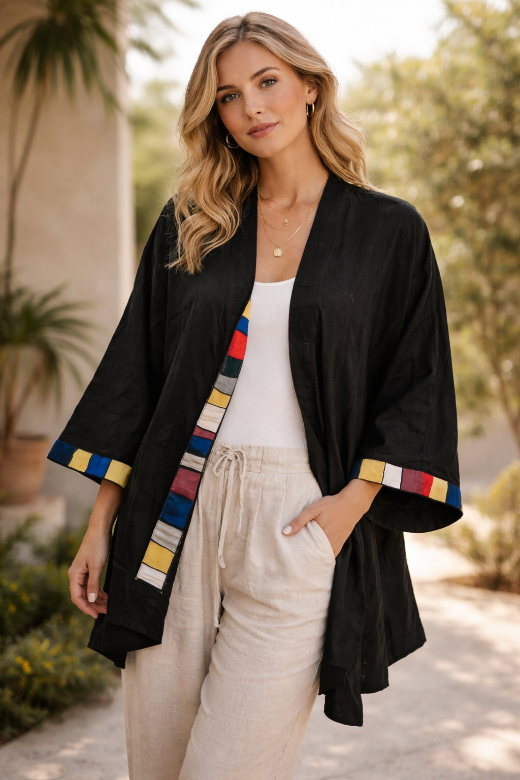Kimono in Cotone con Applicazioni in Seta