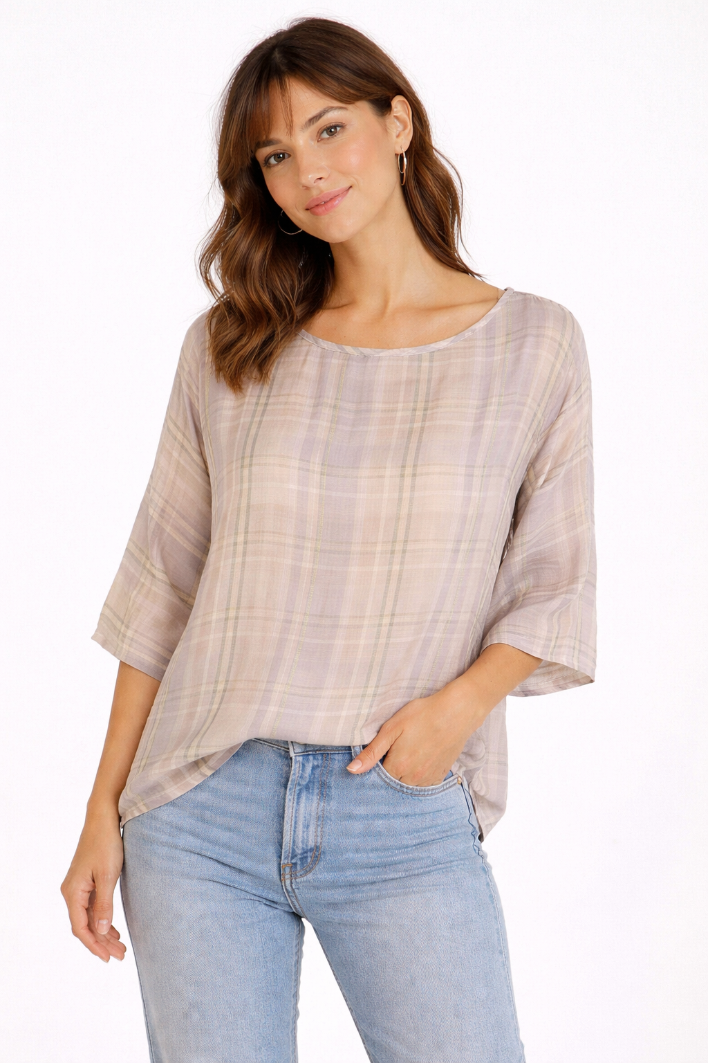 Blusa in Seta a Quadri Tono su Tono