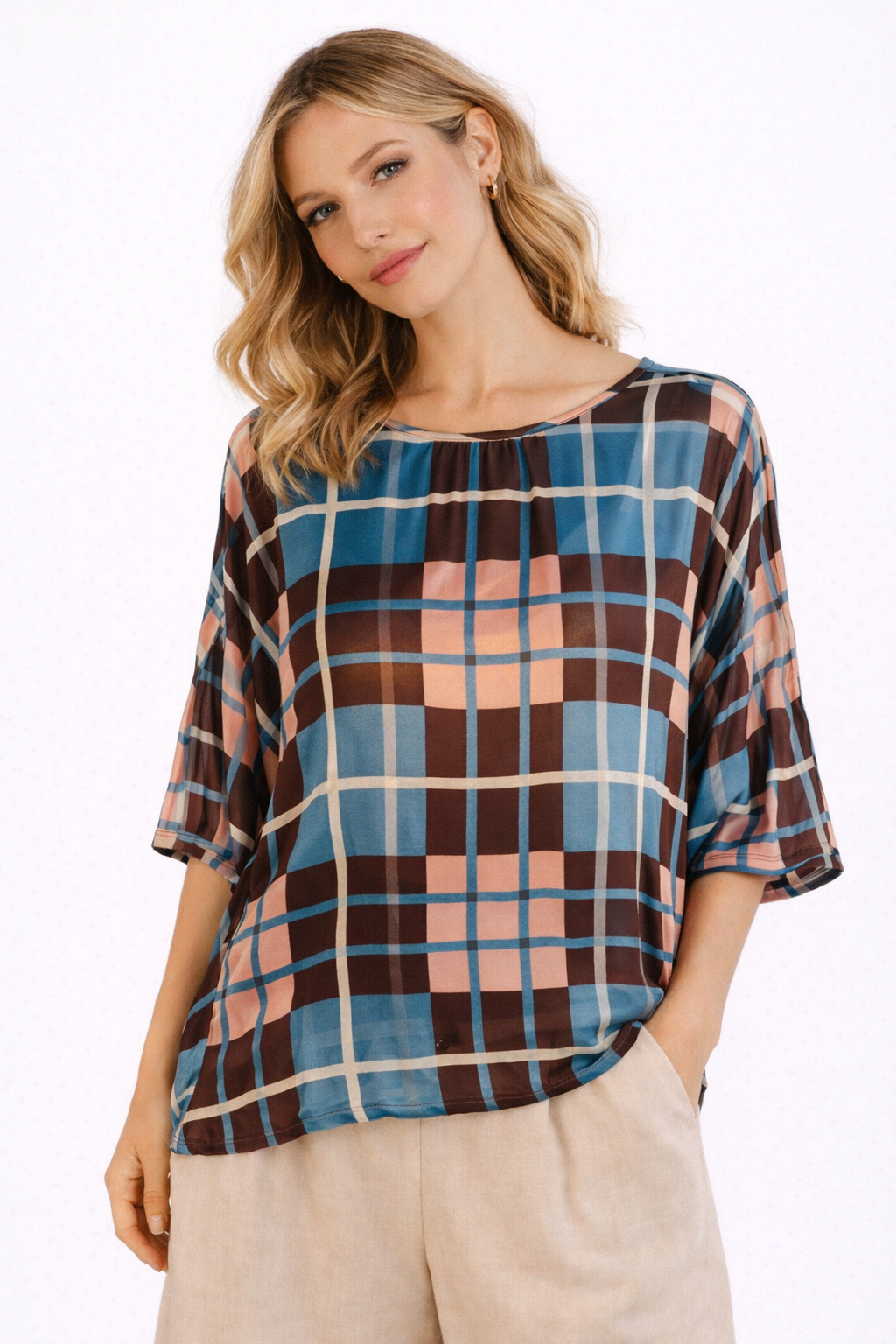 Blusa in Seta a Quadri Geometrici