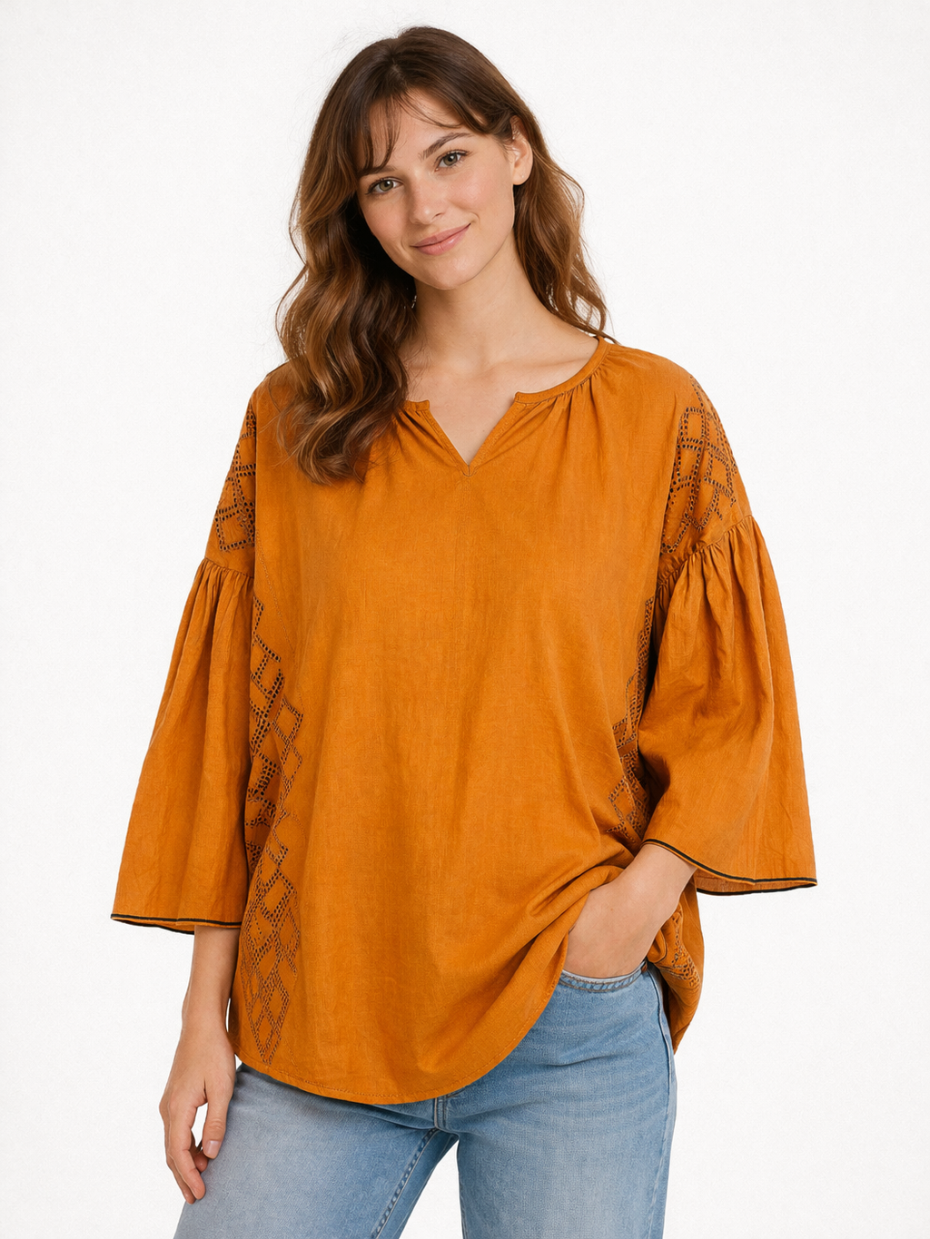 Blusa in Cotone con Inserti Sangallo – Camel