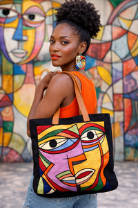 Tote Bag in Cotone Nero con Ricamo Cubista Cucito a Mano