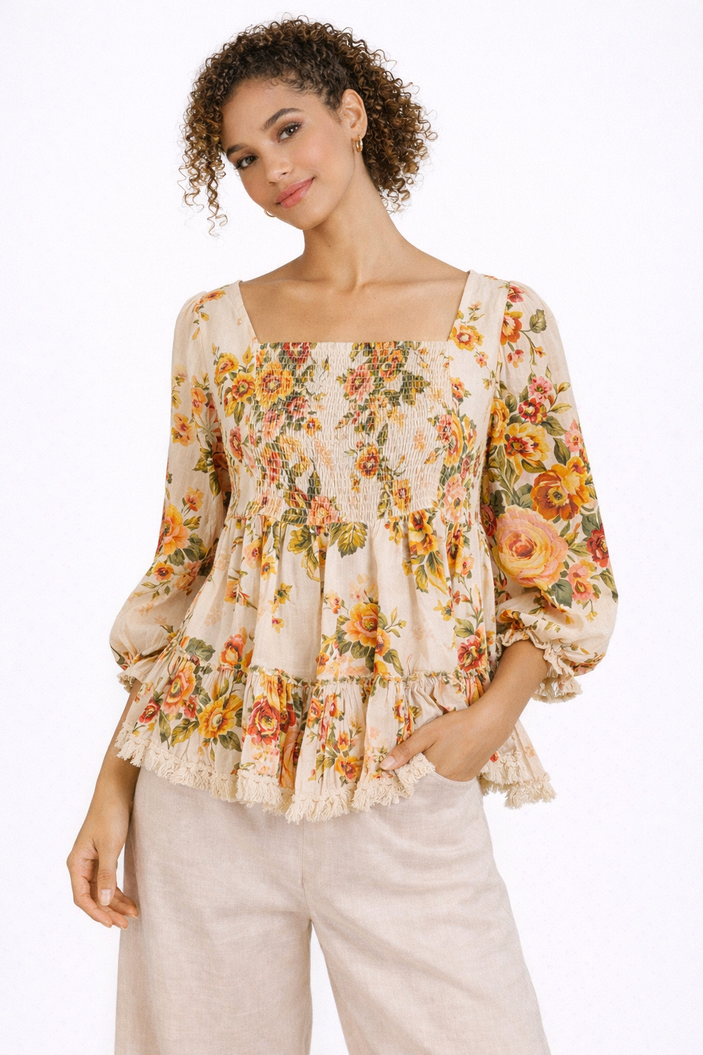 Blusa in Cotone a Fiori con Smock e Frange