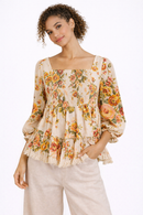 Blusa in Cotone a Fiori con Smock e Frange