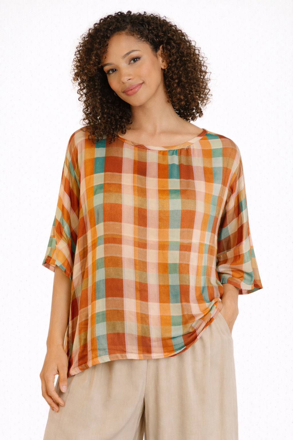 Blusa in Seta a Quadri Multicolore