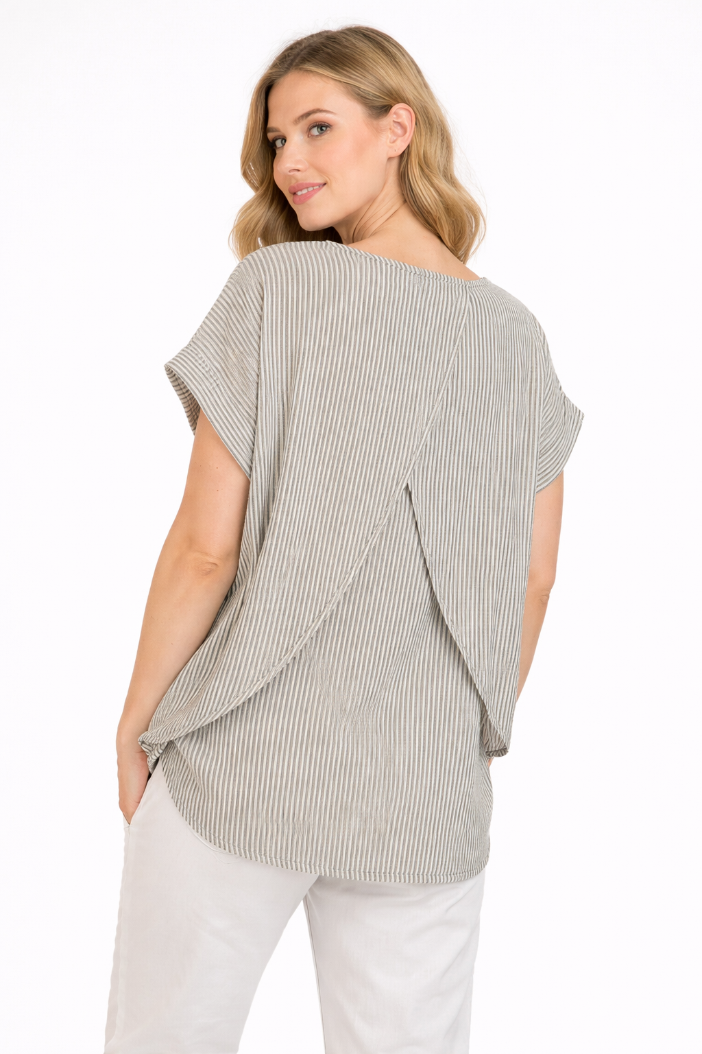 Blusa in Cotone a Righe Azzurro Sbiadito e Bianco con Drappeggio sul Retro