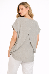 Blusa in Cotone a Righe Azzurro Sbiadito e Bianco con Drappeggio sul Retro