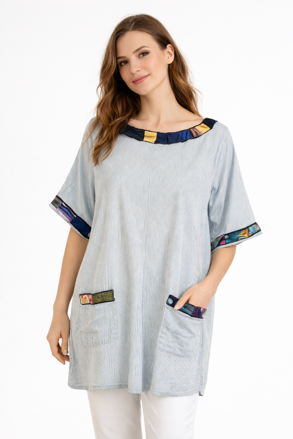 T-Shirt Oversize in Cotone a Righe con Applicazioni in Seta