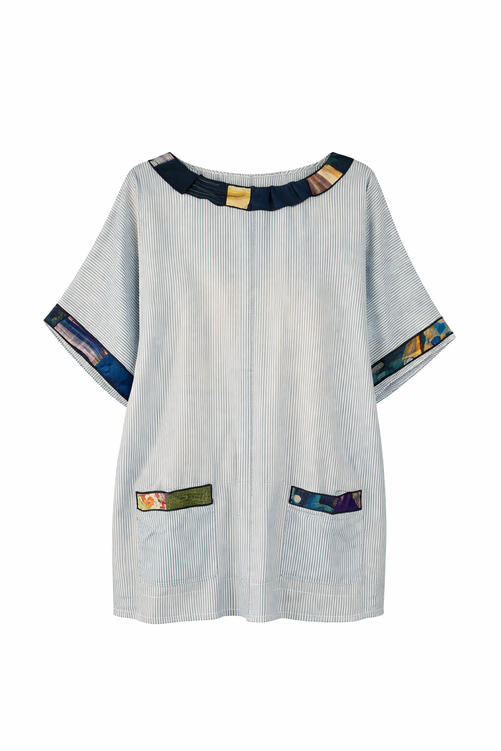 T-Shirt Oversize in Cotone a Righe con Applicazioni in Seta