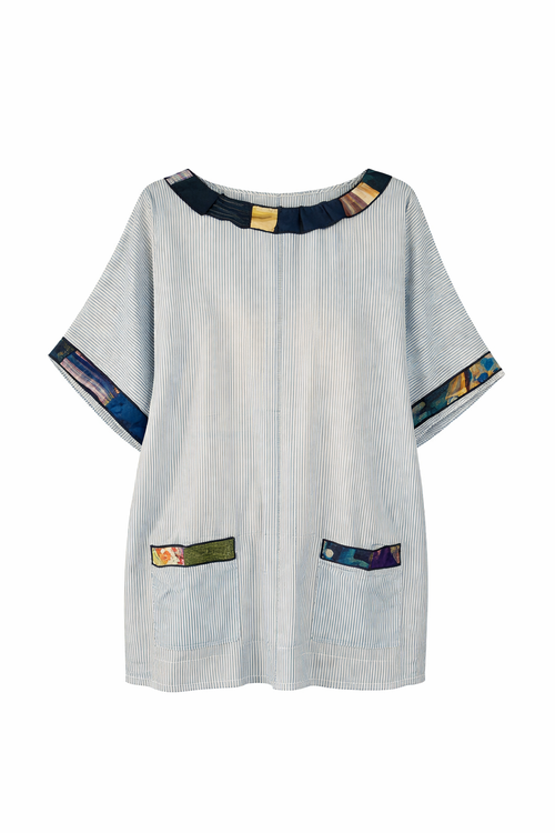 T-Shirt Oversize in Cotone a Righe con Applicazioni in Seta