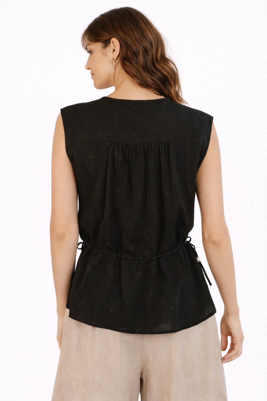 Blusa Senza Maniche in Cotone con Ricami e Laccetti Laterali