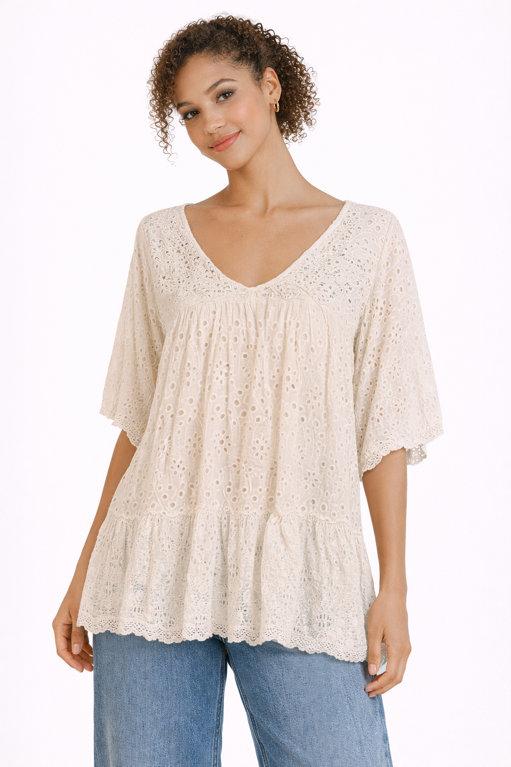 T-Shirt in Cotone Sangallo con Ricami e Bottoni sul Retro
