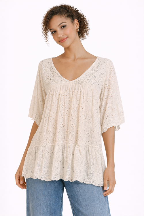 T-Shirt in Cotone Sangallo con Ricami e Bottoni sul Retro