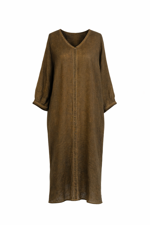 Kaftan in Cotone Verde con Impunture Arancio